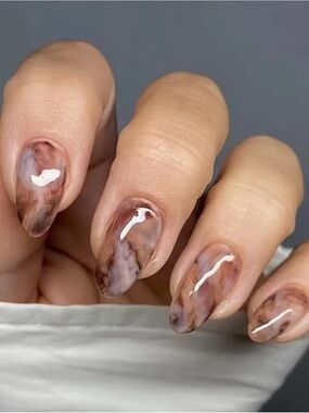 Marble Effect Almond Press-On Nails in Brown & Nude